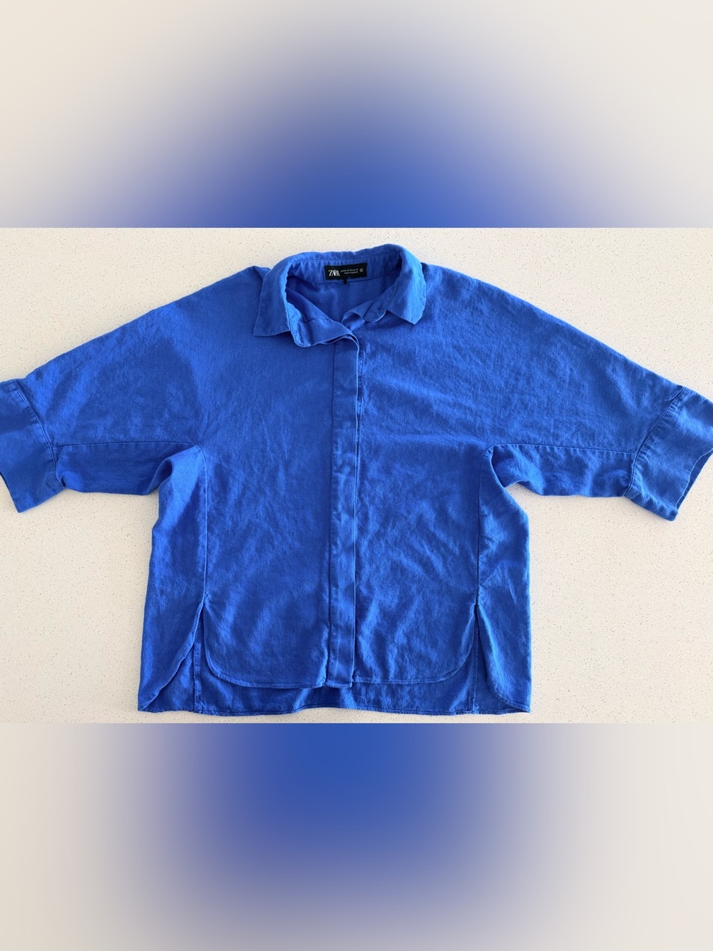 ZARA Blue Linen Blouse Oversized Boxy Short Sleeve Hidden Button Shirt XS Women